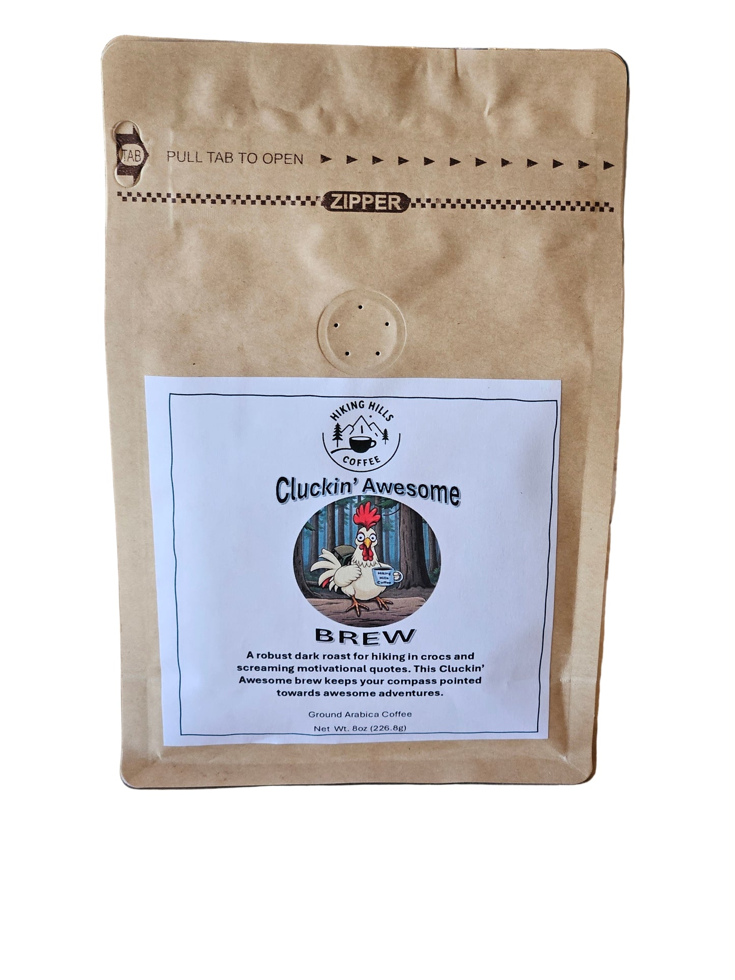 Kraft paper coffee bag with a label on a wooden surface