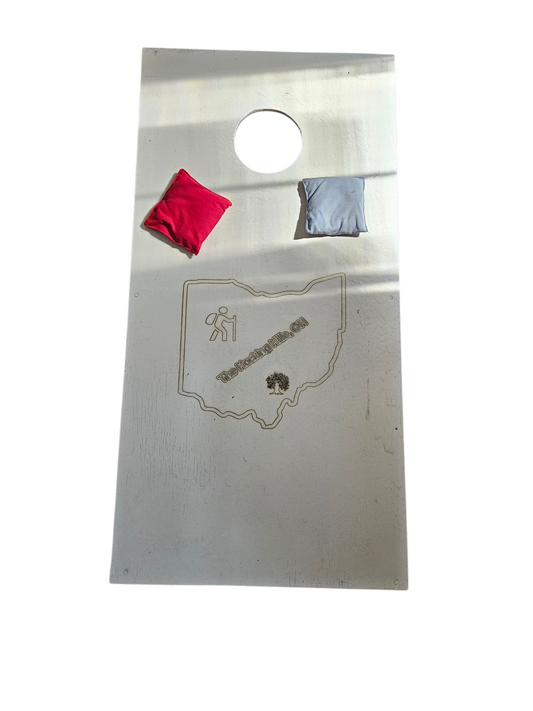 Cornhole board with a baggo layout on a white background