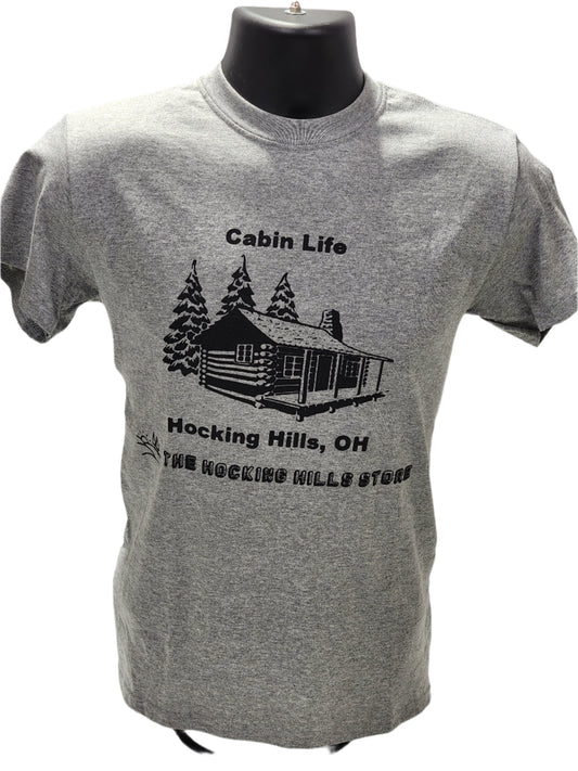 Gray t-shirt with cabin graphic and text on a white background
