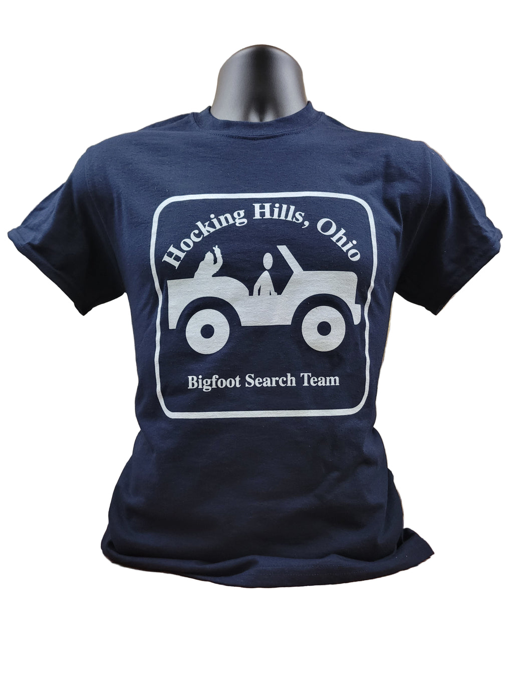 Navy blue t-shirt with white graphic and text on a mannequin against a white background