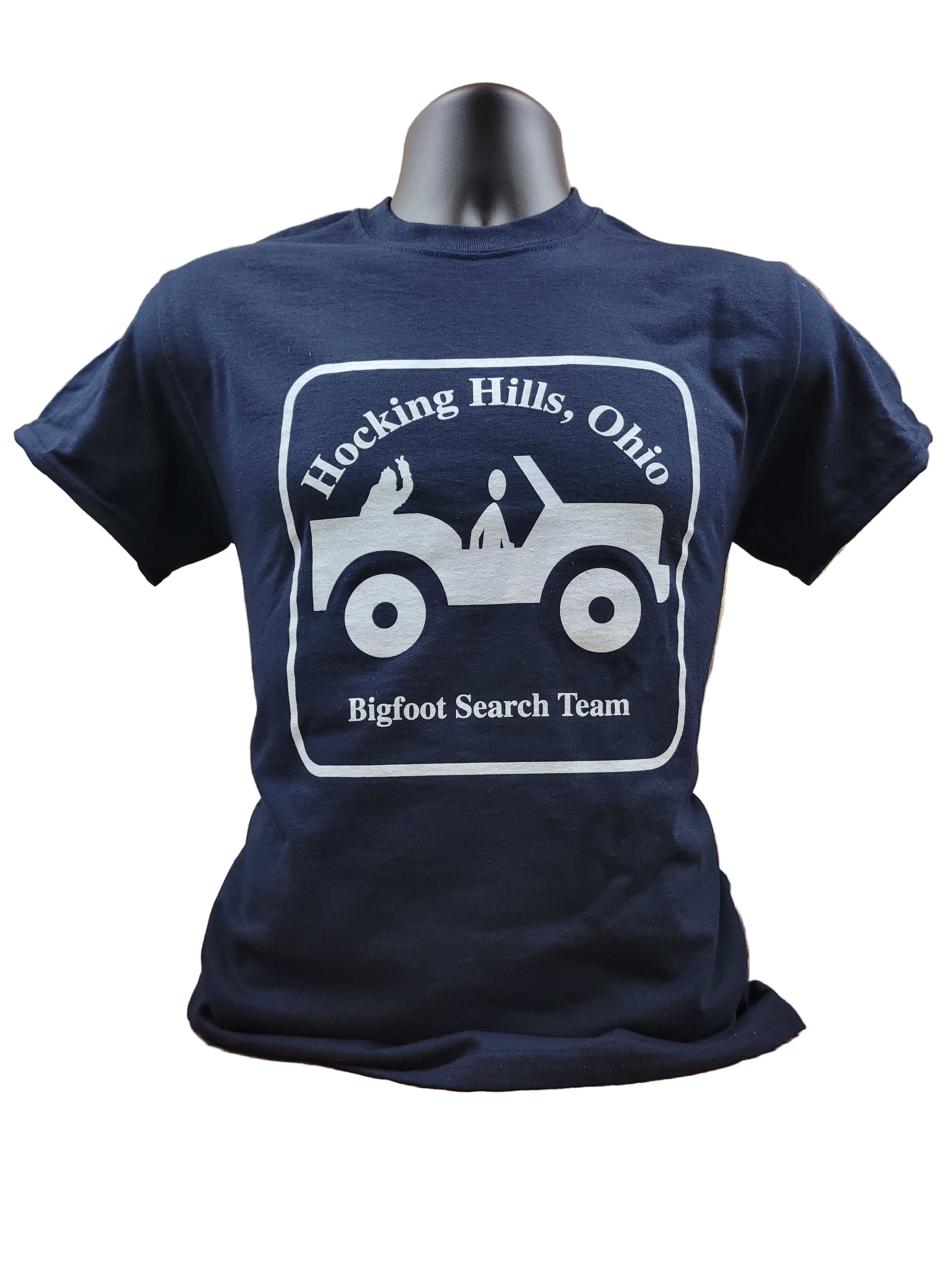 Navy blue t-shirt with white graphic and text on a mannequin against a white background