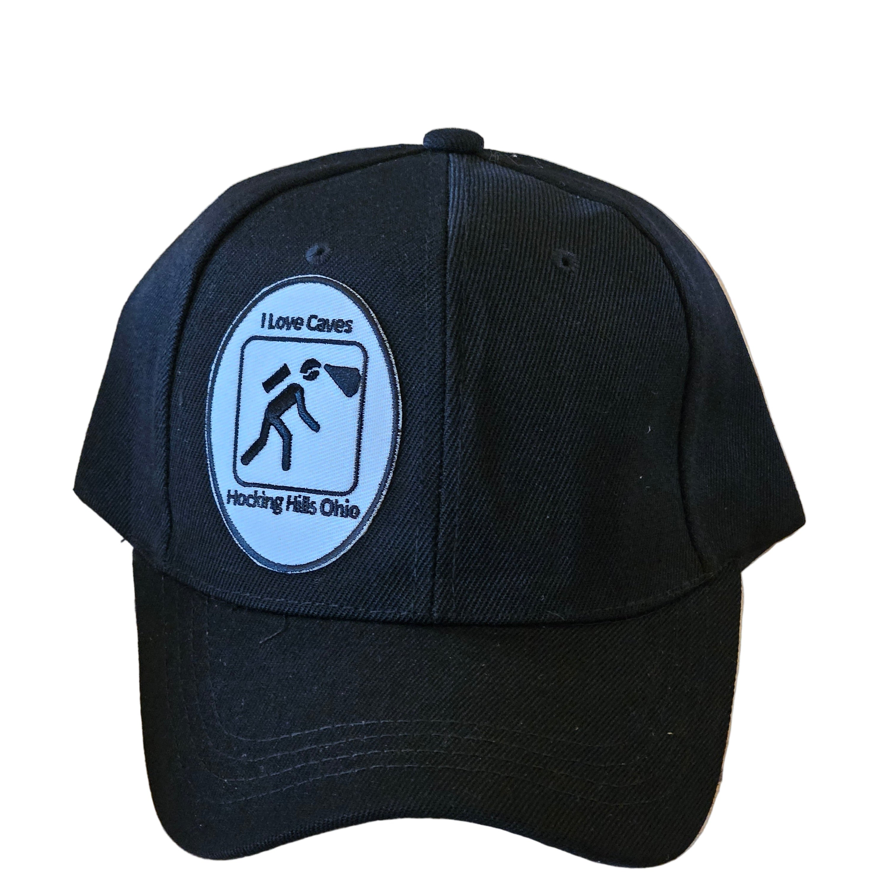 Black cap with a logo on a white surface
