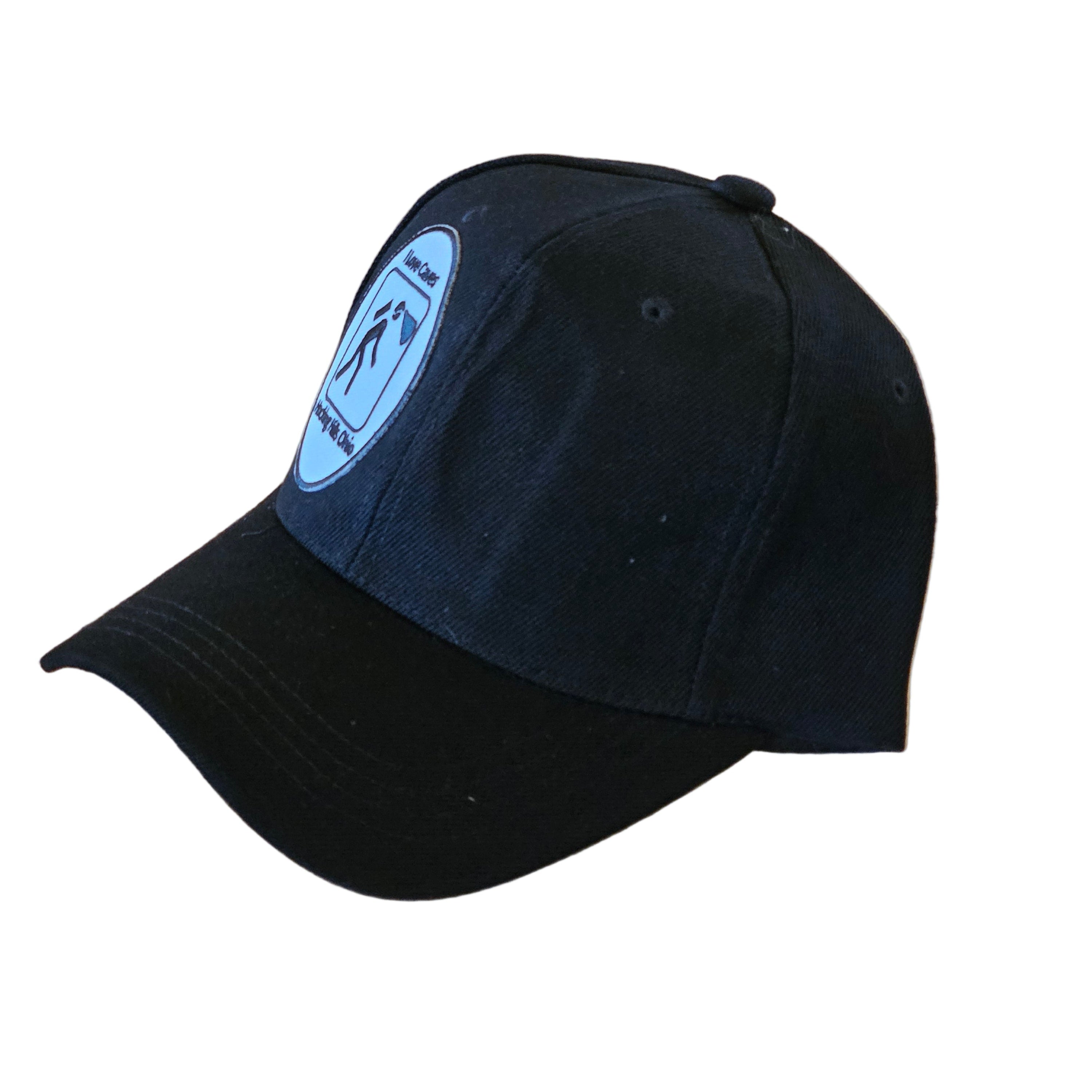 Black cap with a logo on a white surface