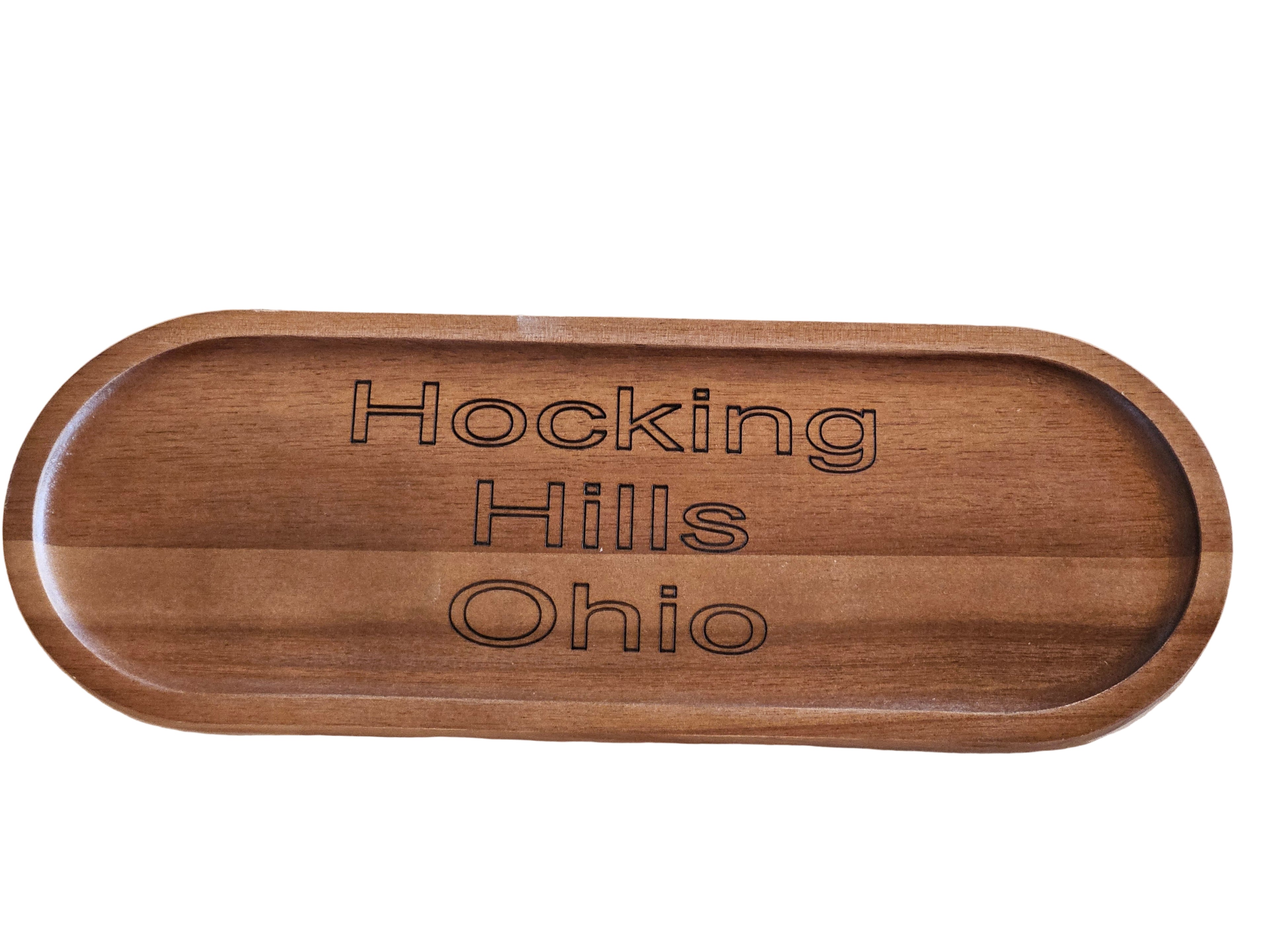 Wooden tray with 'Hocking Hills Ohio' engraving on a white surface