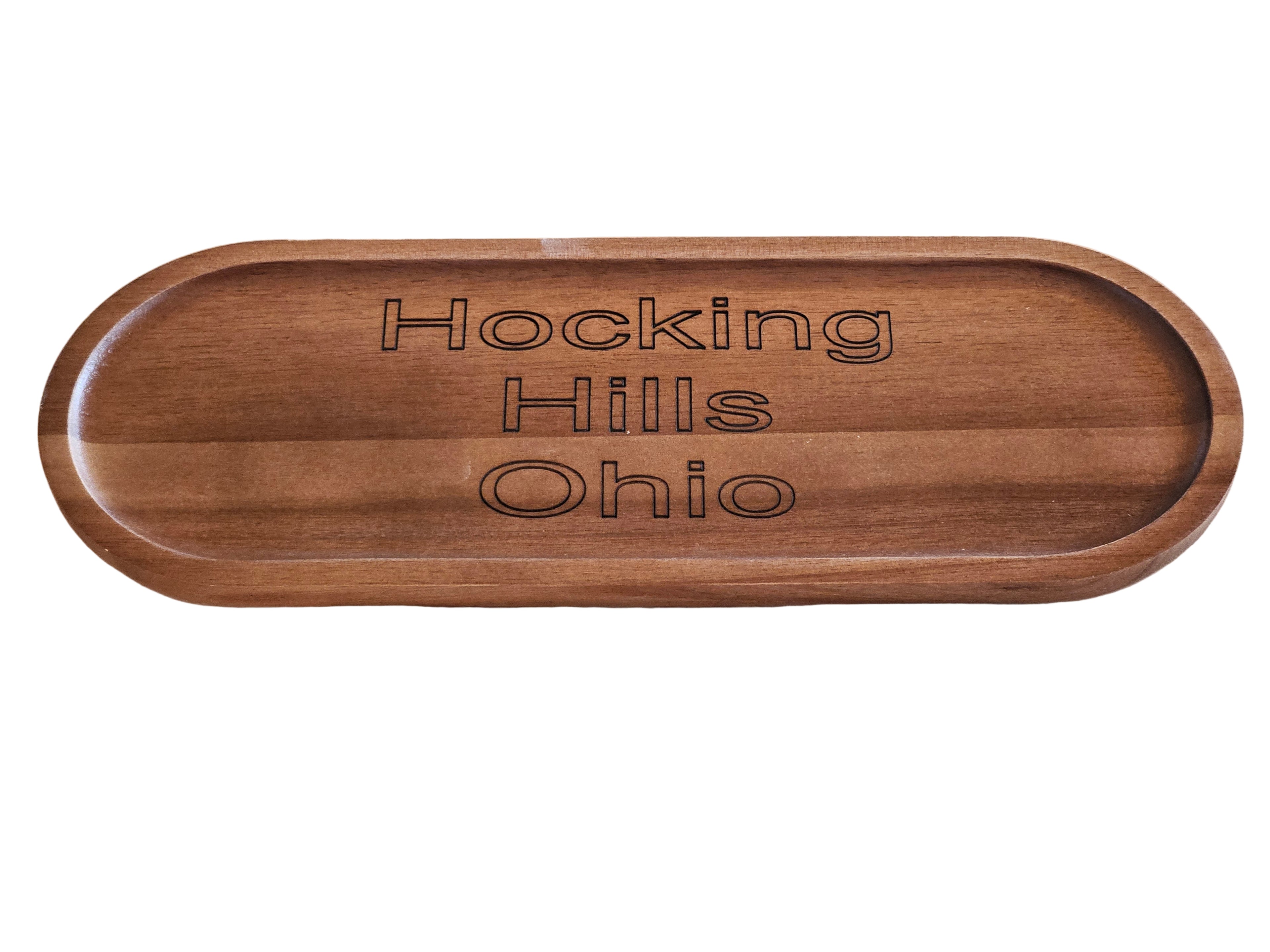 Wooden tray with 'Hocking Hills Ohio' engraving on a white surface