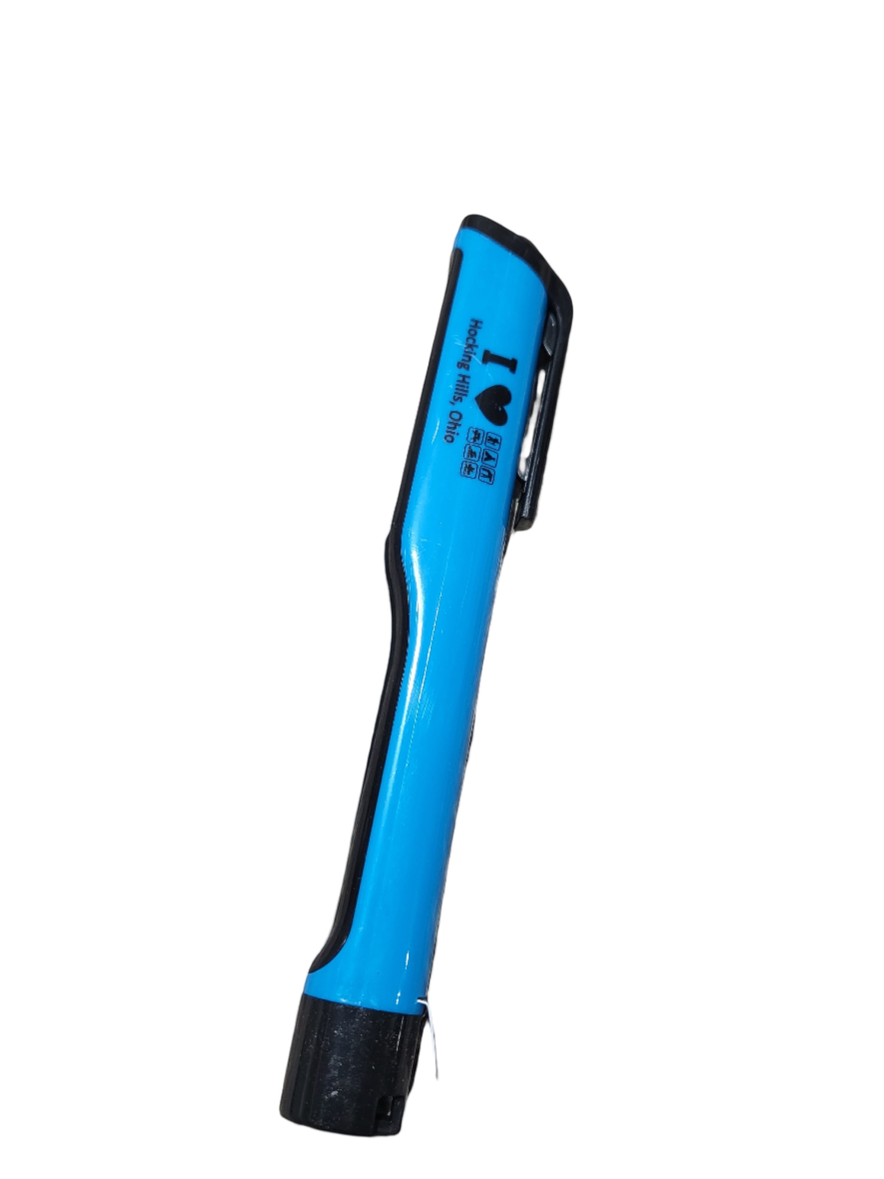 The Hocking Hills Store blue LED shirt clip trail light with black accents. Features