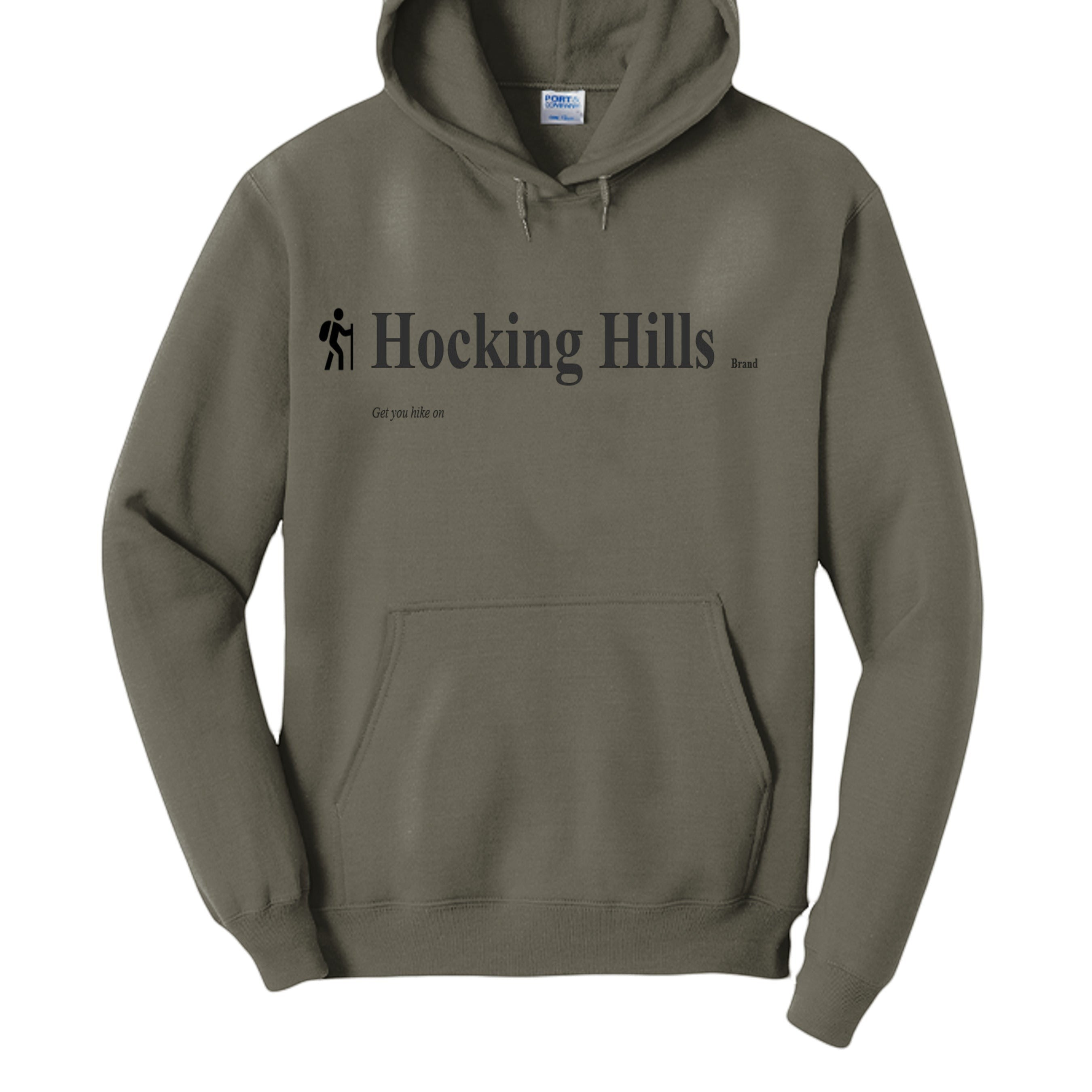 The Hocking Hills Store olive green cotton-poly blend hoodie with "Hocking Hills Brand" and hiking graphic.