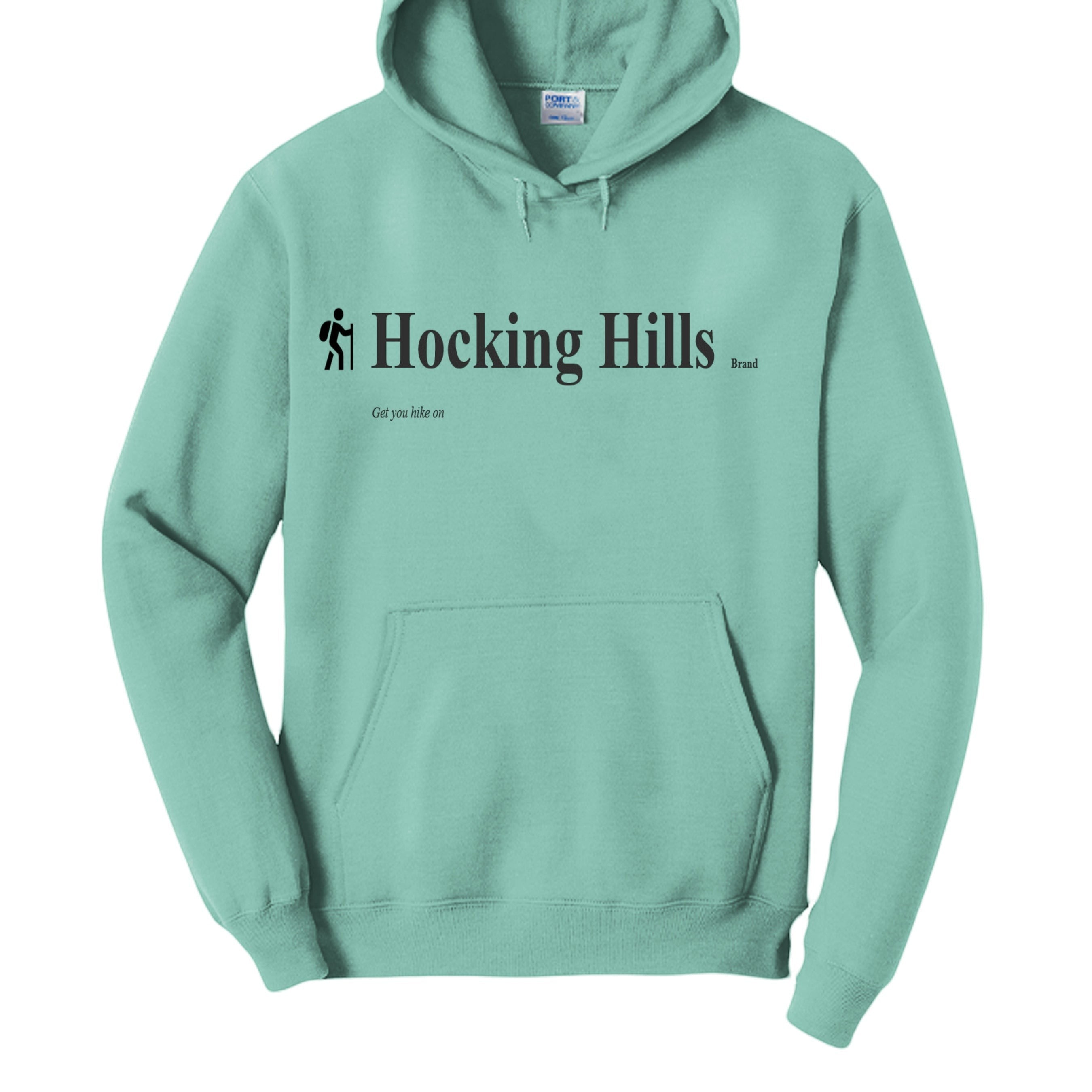 The Hocking Hills Store teal pullover hoodie with "Hocking Hills Brand" and a hiker graphic. 50% cotton/50% poly fleece.