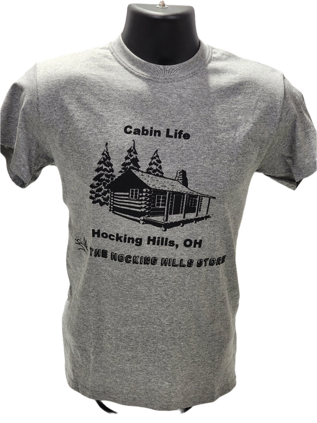 Gray t-shirt with cabin graphic and text on a white background