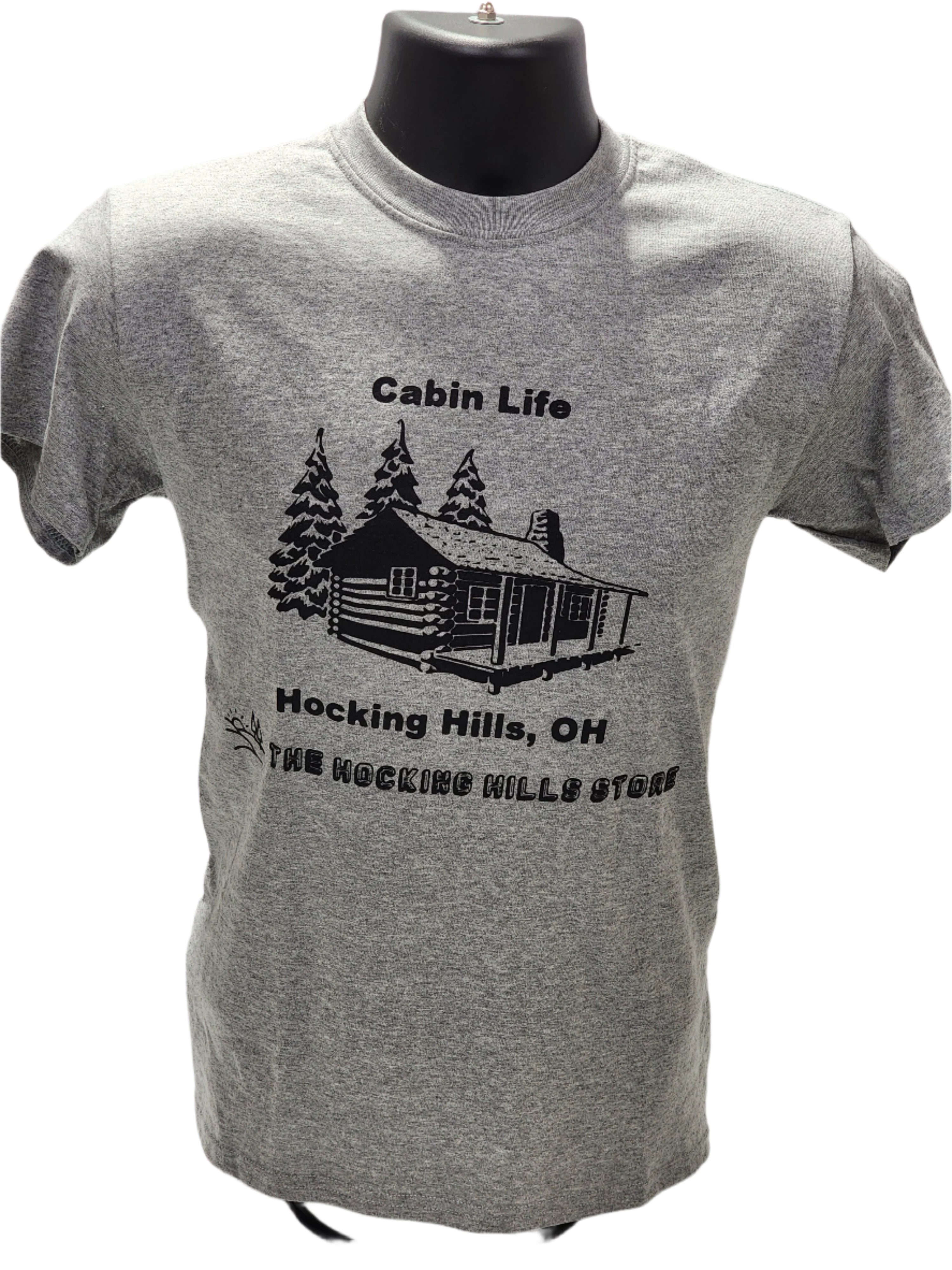 Gray t-shirt with cabin graphic and text on a white background