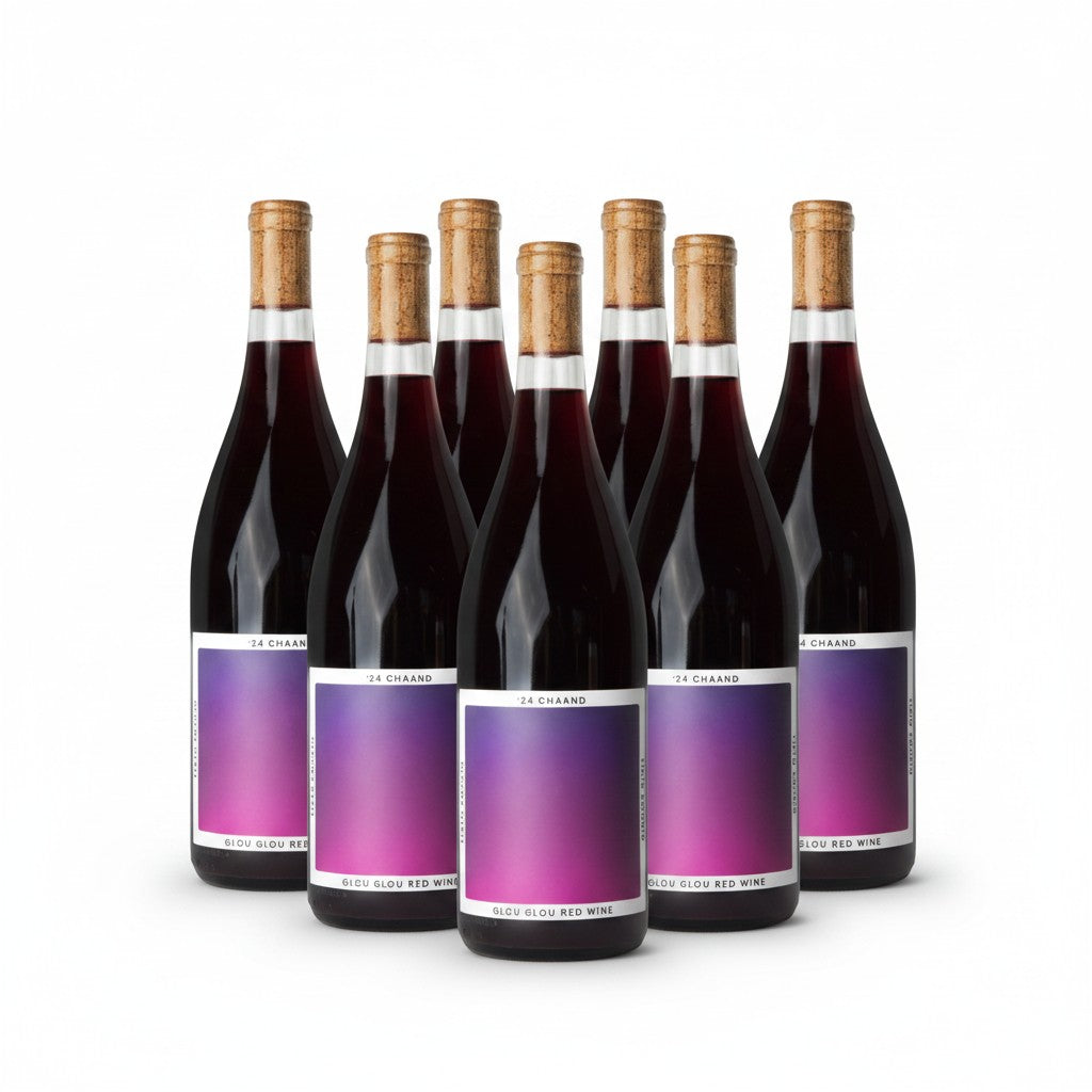 The Hocking Hills Store Chaand Glou Glou Red Wine bottle with a gradient purple label and cork stopper.