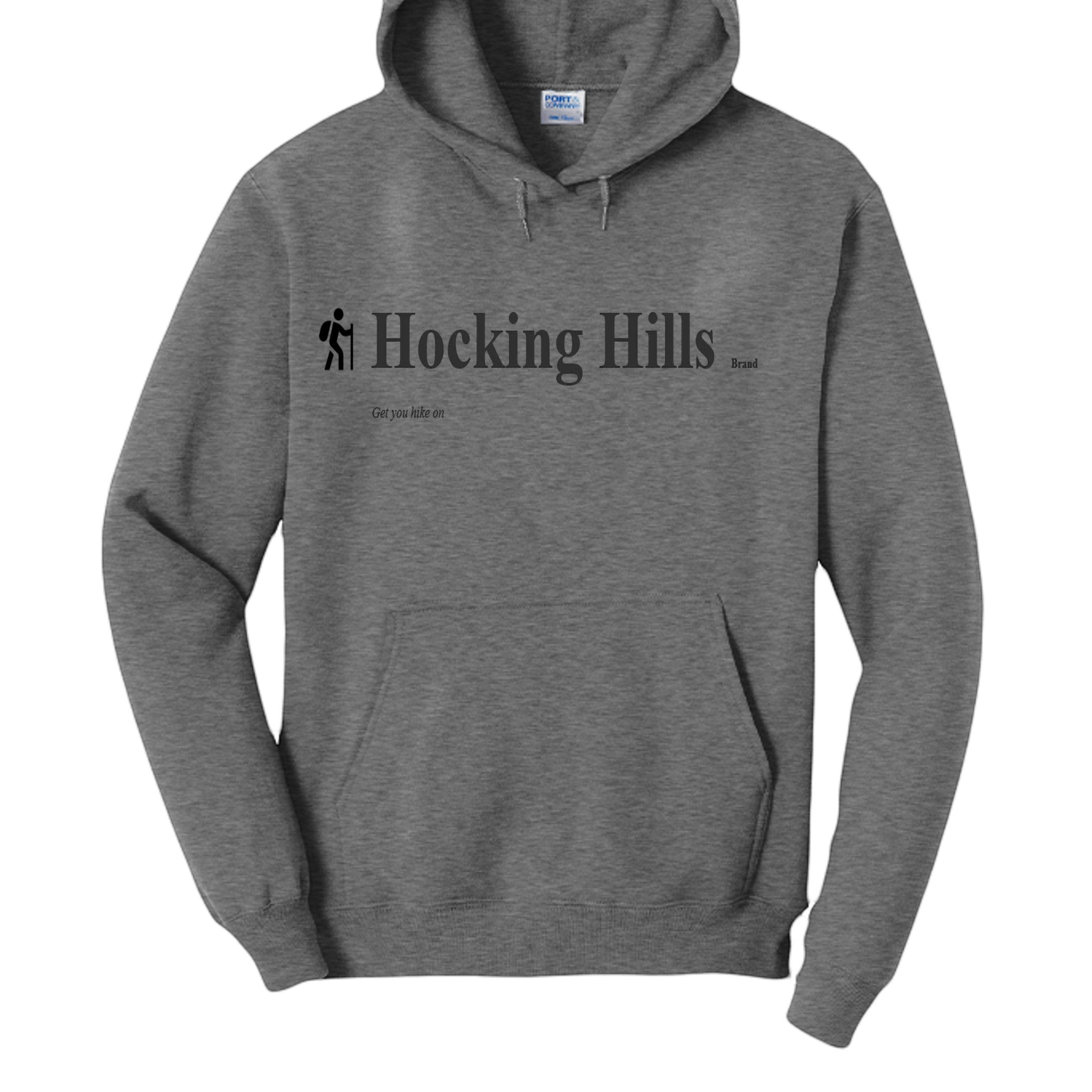 The Hocking Hills Store grey cotton blend pullover hoodie with "Hocking Hills Brand" graphic and hiker icon.
