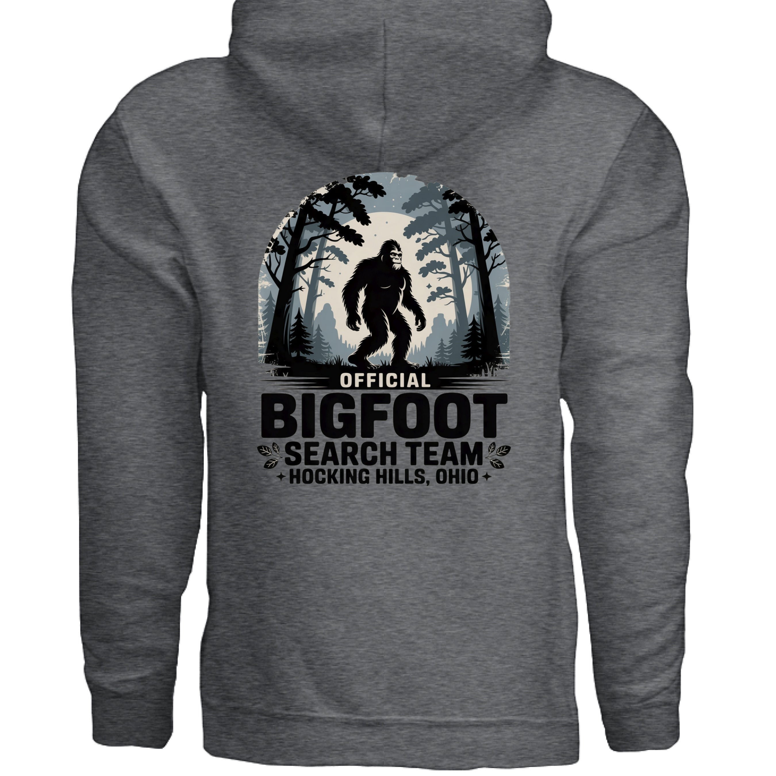 The Hocking Hills Store Official Bigfoot Search Team grey cotton-polyester blend hoodie with Bigfoot graphic.