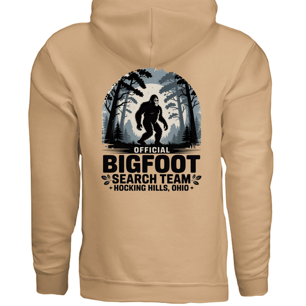 The Hocking Hills Store Official Bigfoot Search Team tan cotton-blend hoodie with Bigfoot graphic.