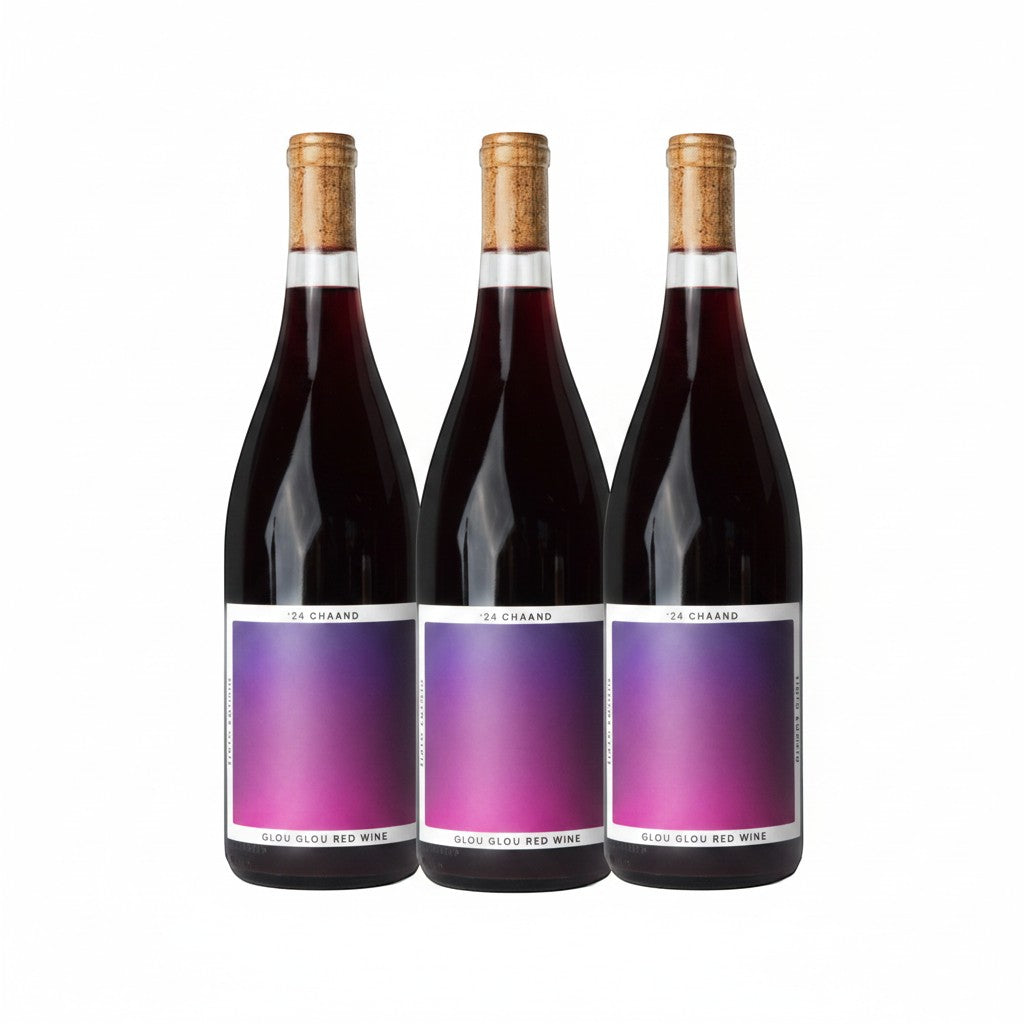 The Hocking Hills Store Chaand Glou Glou Red Wine bottles with purple gradient labels.