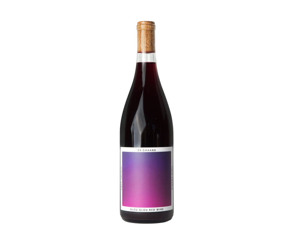 The Hocking Hills Store Chaand Glou Glou Red Wine bottle with a gradient purple and pink label and cork stopper.