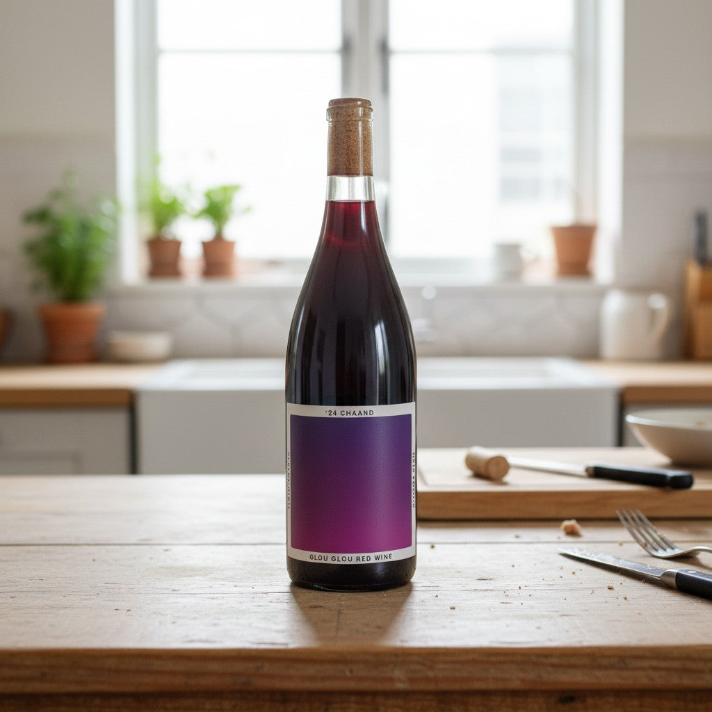 The Hocking Hills Store Chaand Glou Glou Red Wine bottle with a gradient purple label and cork stopper.