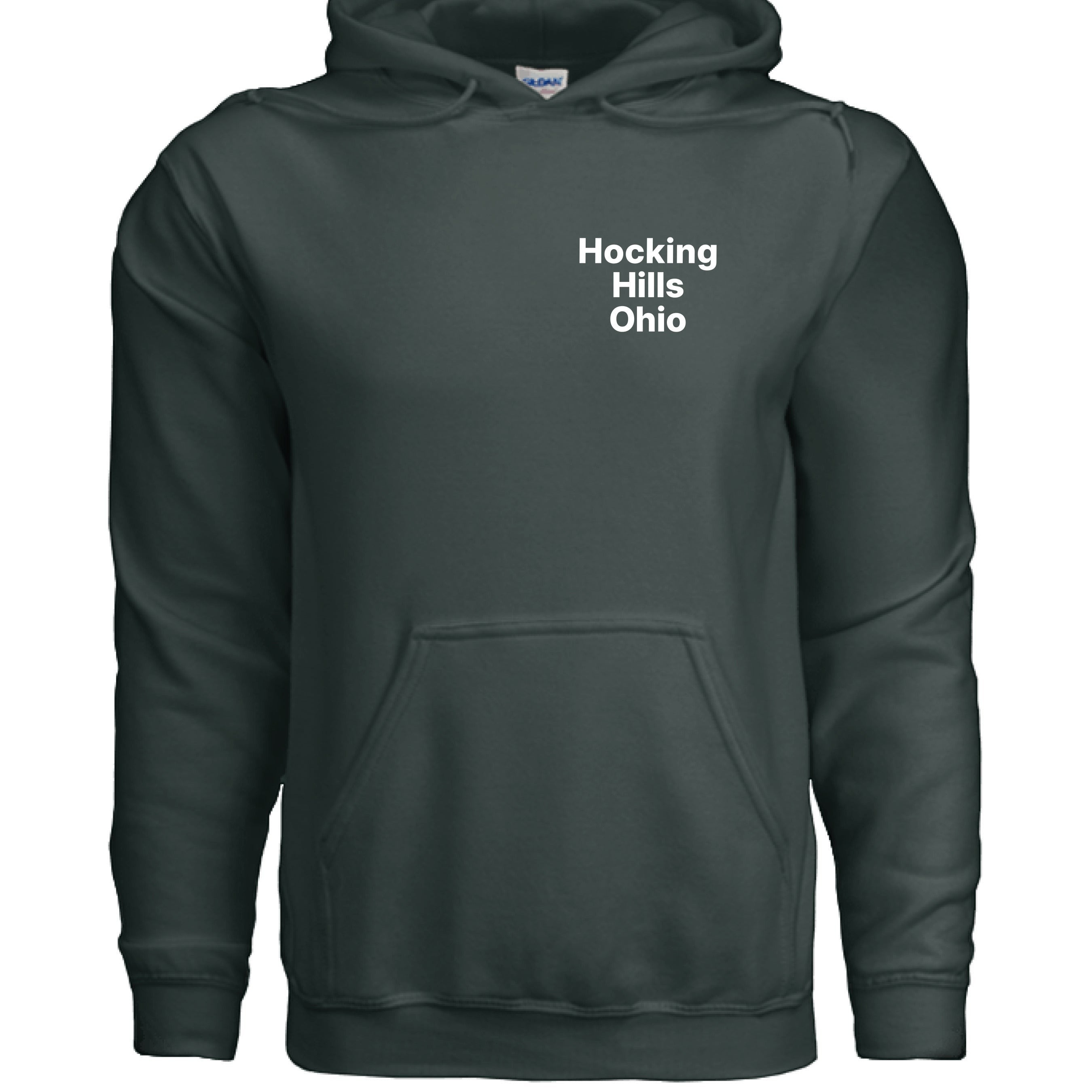 The Hocking Hills Store Official Bigfoot Search Team Hoodie in charcoal grey, made from a cotton-polyester blend, featuring a pouch pocket and drawstring hood.