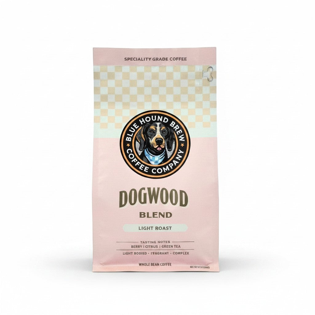 The Hocking Hills Store Dogwood Blend light roast whole bean coffee bag with tasting notes of berry, citrus, and green tea.