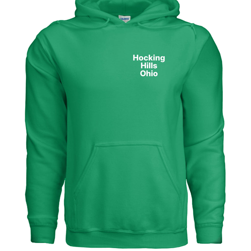 The Hocking Hills Store green cotton blend hoodie with "Hocking Hills Ohio" text on the chest.