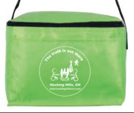 The Hocking Hills Store lime green 6 pack soft cooler with a graphic print and adjustable strap. Perfect for outdoor activities.