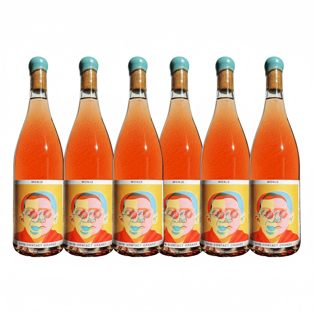 The Hocking Hills Store Monje 7-day skin-contact orange wine bottle with a colourful abstract portrait label.