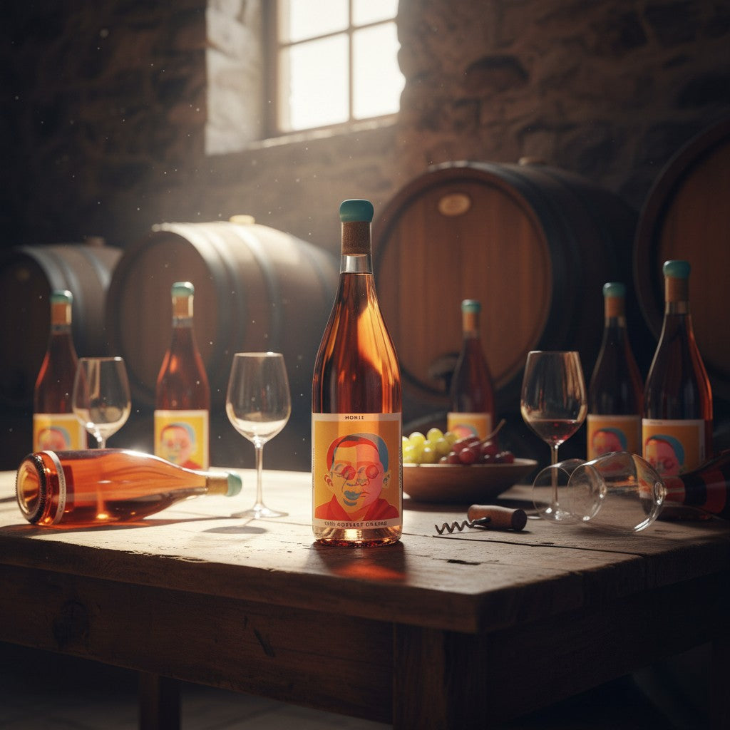 The Hocking Hills Store Monje 7-day skin-contact orange wine bottle with a colorful abstract portrait label.