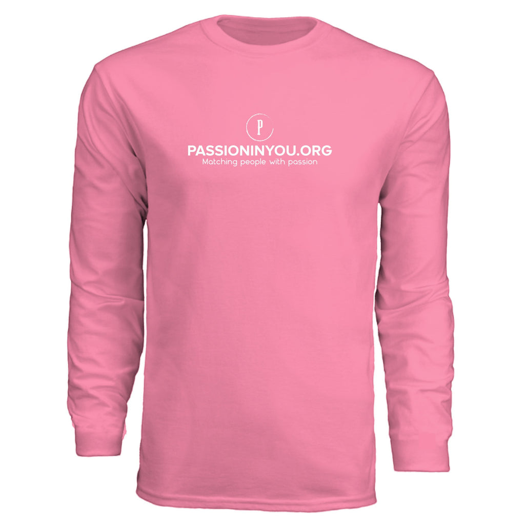 The Hocking Hills Store pink long-sleeve polyester t-shirt with Passioninyou.org logo and tagline.