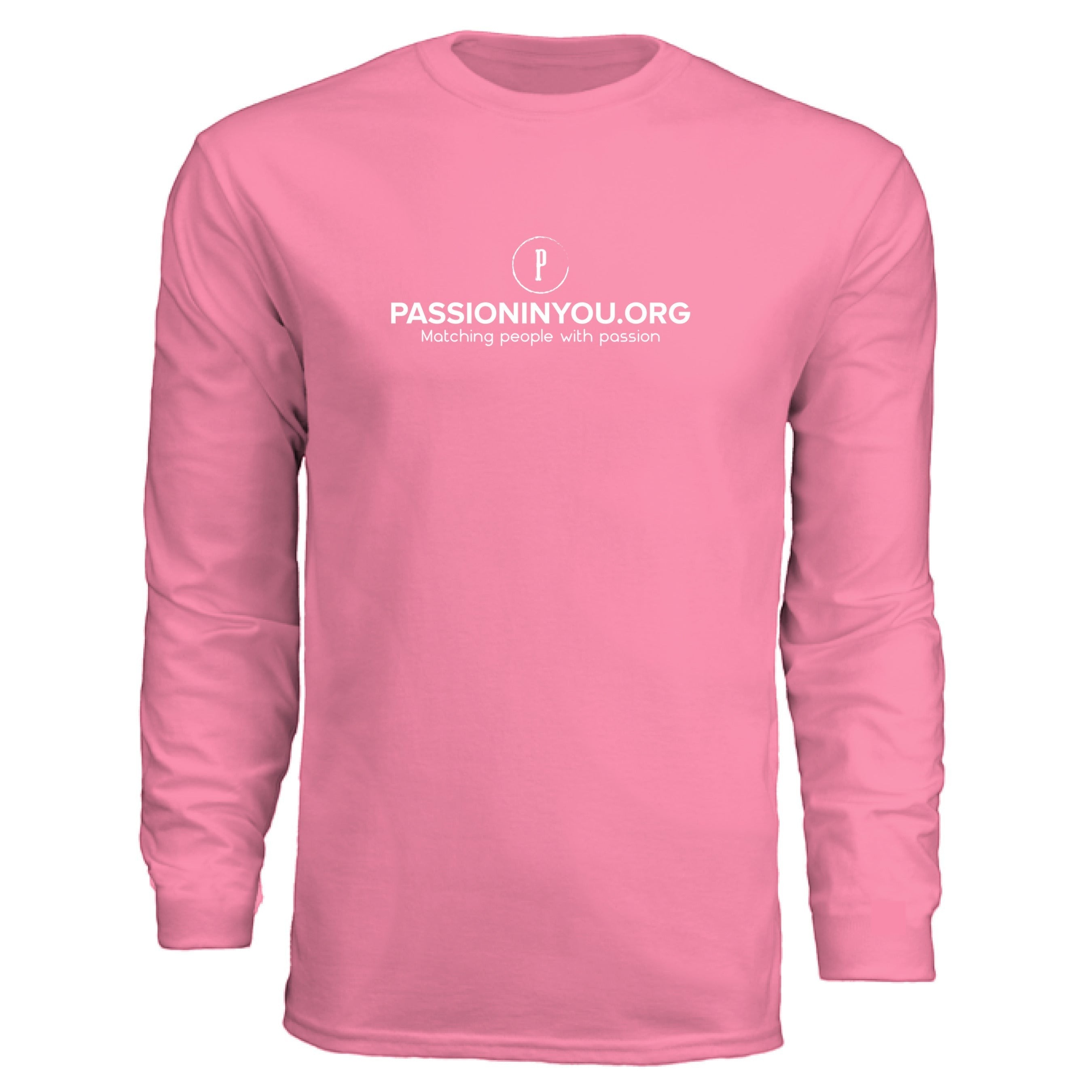 The Hocking Hills Store pink long-sleeve polyester t-shirt with Passioninyou.org logo and tagline.