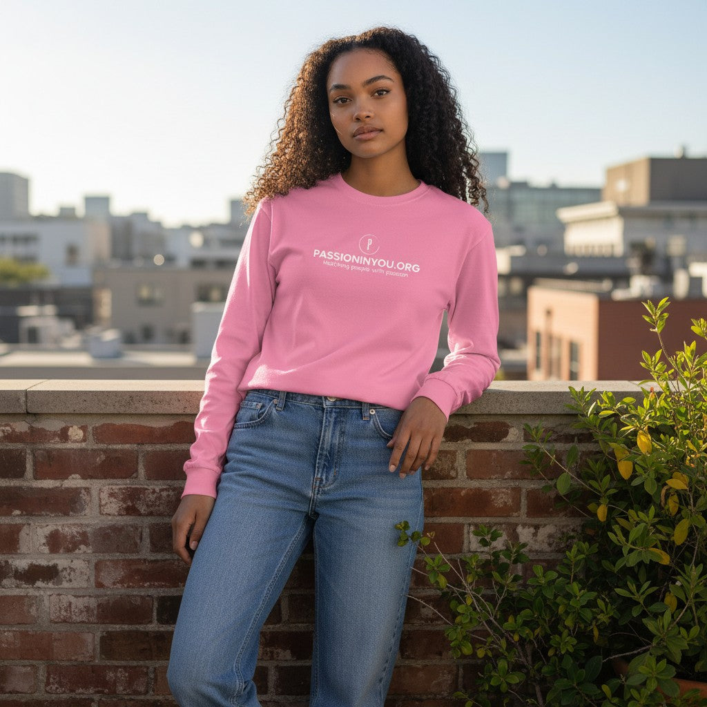 The Hocking Hills Store pink long-sleeve t-shirt with white Passioninyou.org logo and tagline.