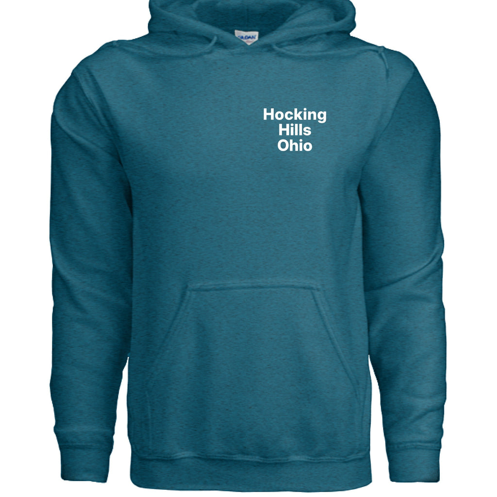 The Hocking Hills Store Official Bigfoot Search Team Hoodie in teal, made from a cotton-polyester blend. Features a front pouch pocket and drawstring hood.