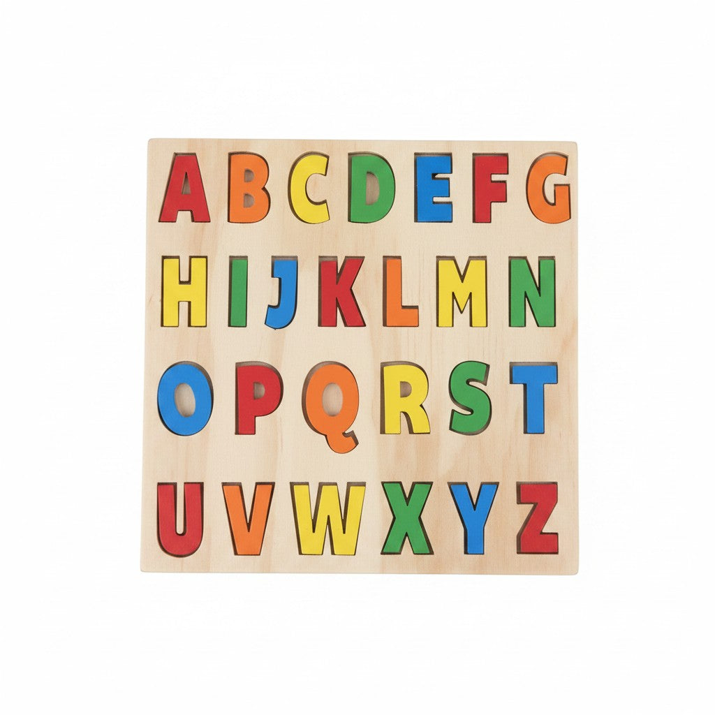 The Hocking Hills Store handmade wooden alphabet puzzle with colourful letters on a natural wood base, perfect for early learning.