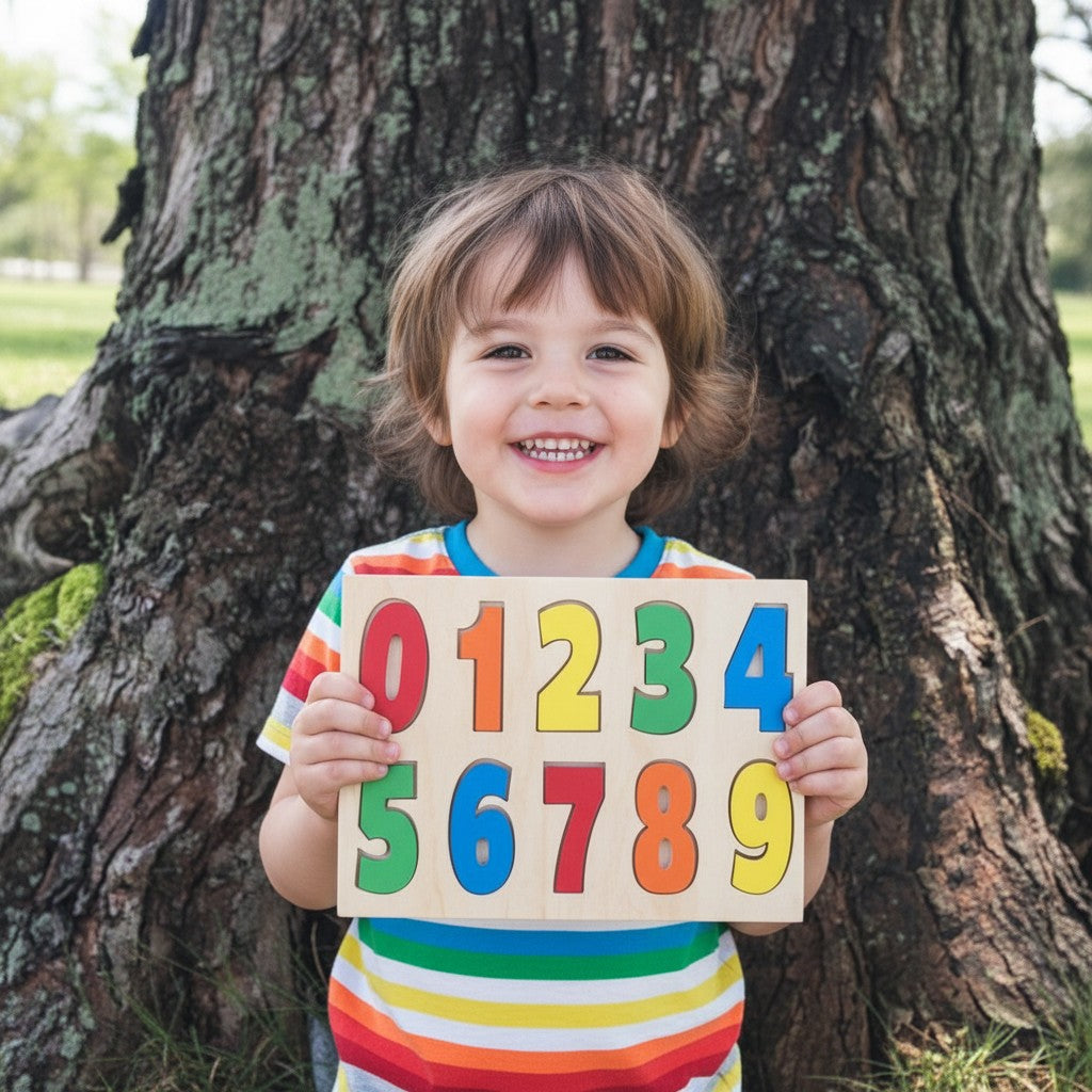 The Hocking Hills Store handmade wooden number puzzle with colorful numbers 0-9. Natural wood educational toy for toddlers.