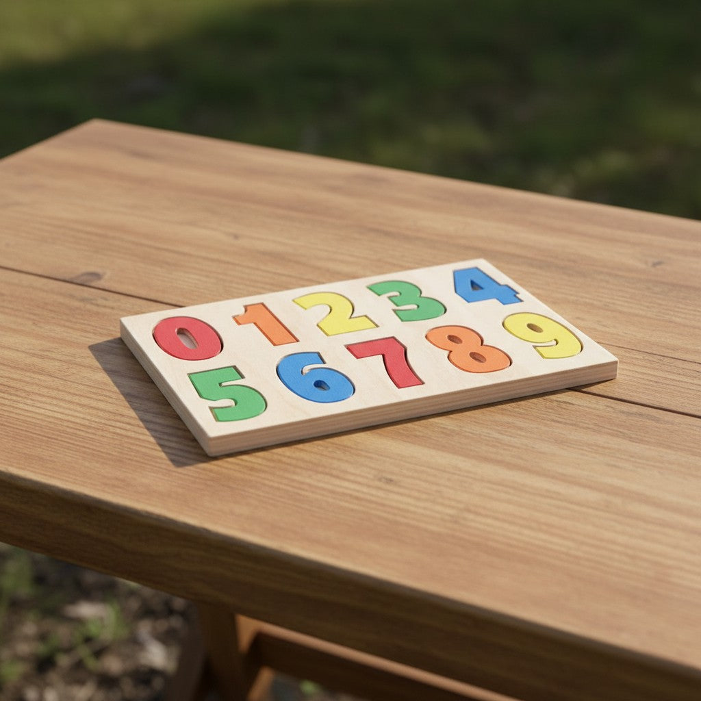 The Hocking Hills Store handmade wooden number puzzle with colorful numbers 0-9. Natural wood educational toy for toddlers.