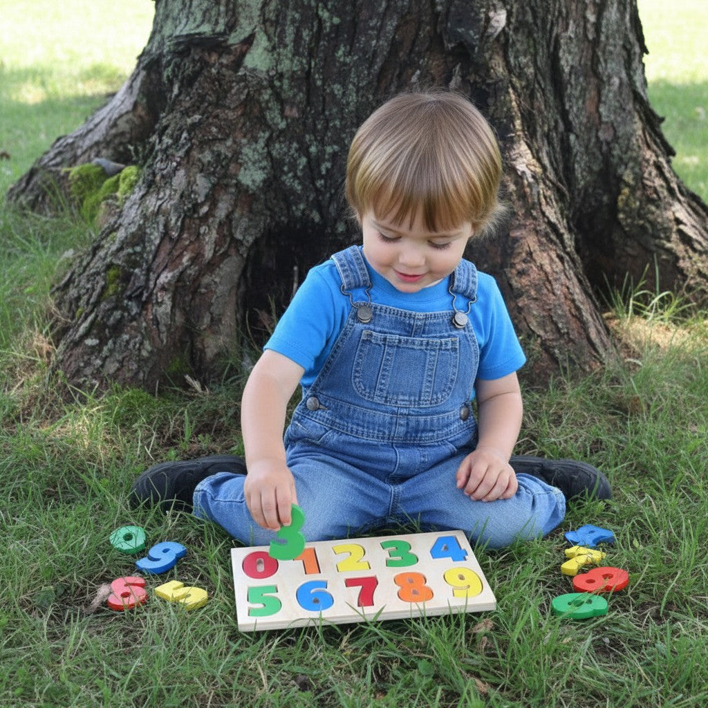 The Hocking Hills Store handmade wooden number puzzle with colorful numbers 0-9. Natural wood educational toy for toddlers.