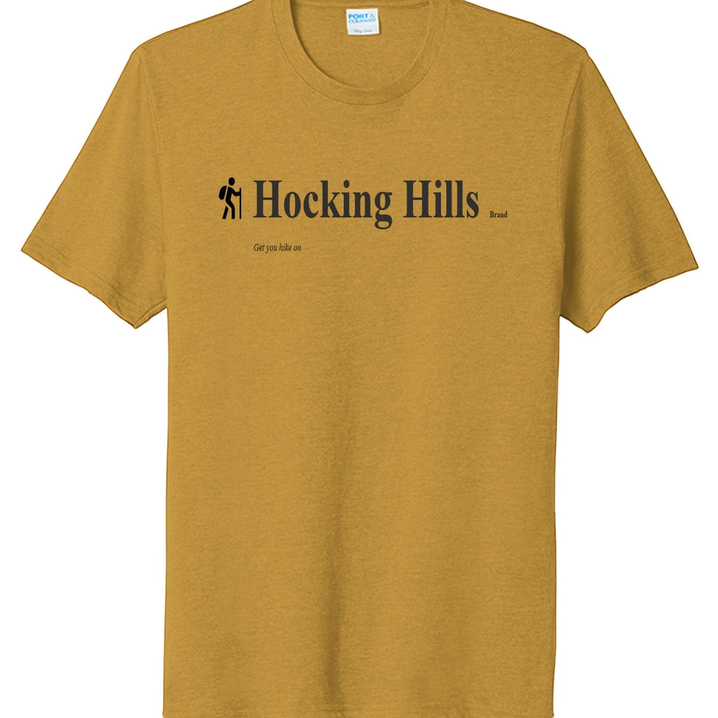 The Hocking Hills Store Brand yellow tri-blend tee with a hiker graphic and text.