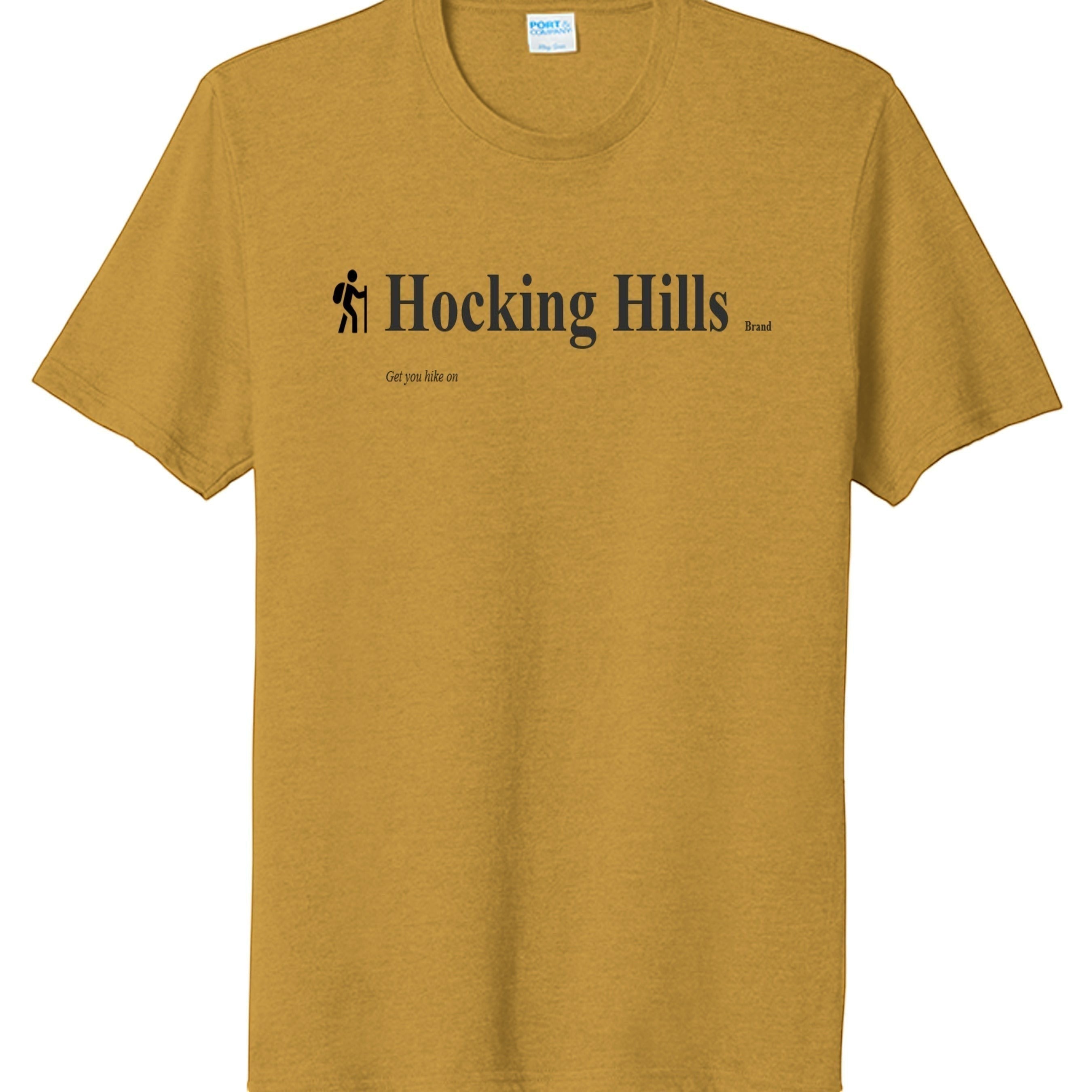 The Hocking Hills Store Brand yellow tri-blend tee with a hiker graphic and text.