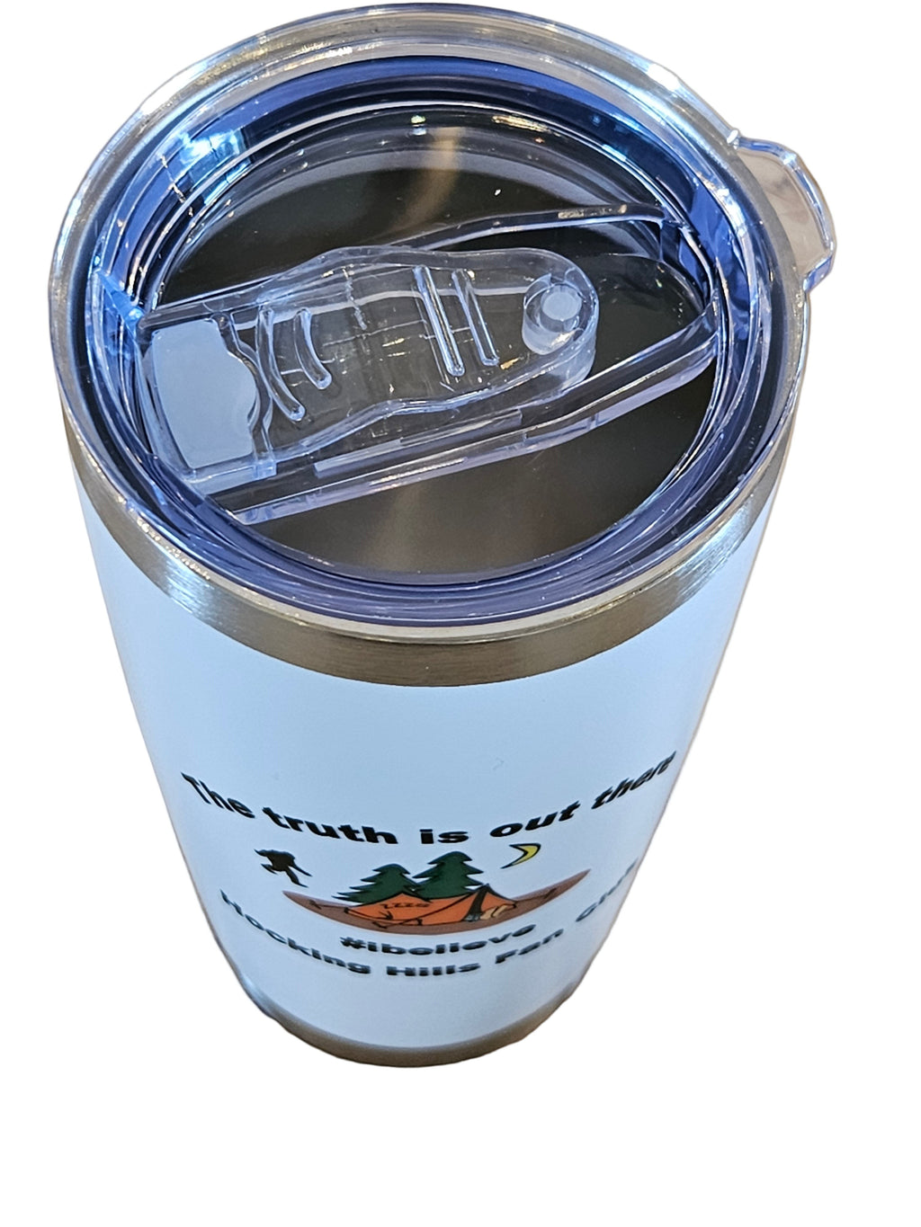 The Hocking Hills Store 20 oz white stainless steel tumbler with a clear lid and Hocking Hills Fan Club graphic.