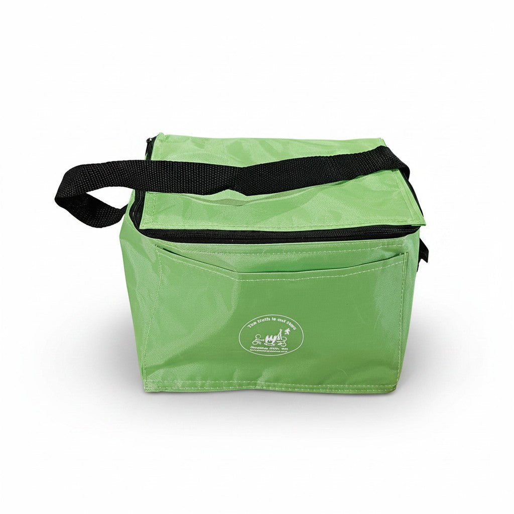 The Hocking Hills Store 6 pack soft cooler in bright green with black zipper and handle. Features a front pocket with logo.