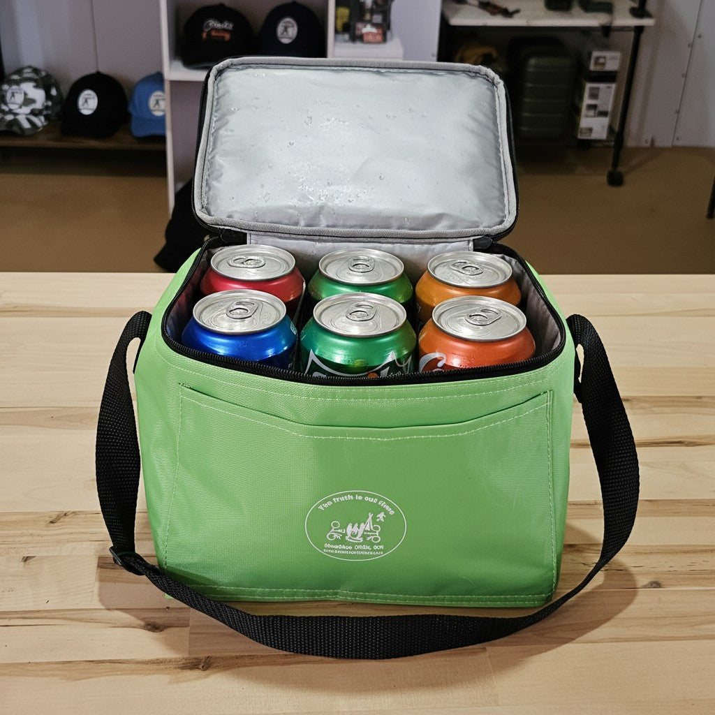 The Hocking Hills Store 6 Pack Soft Cooler in bright green with black zipper and handle. Features a front pocket with logo.