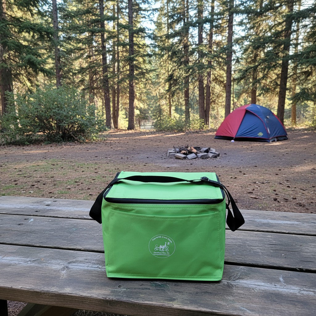 The Hocking Hills Store 6 Pack Soft Cooler in bright green with a black zipper and handle. Features a front pocket with a logo.