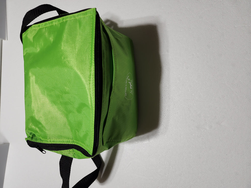 The Hocking Hills Store 6 pack soft cooler in bright lime green with black zippers and handles, perfect for outdoor activities.