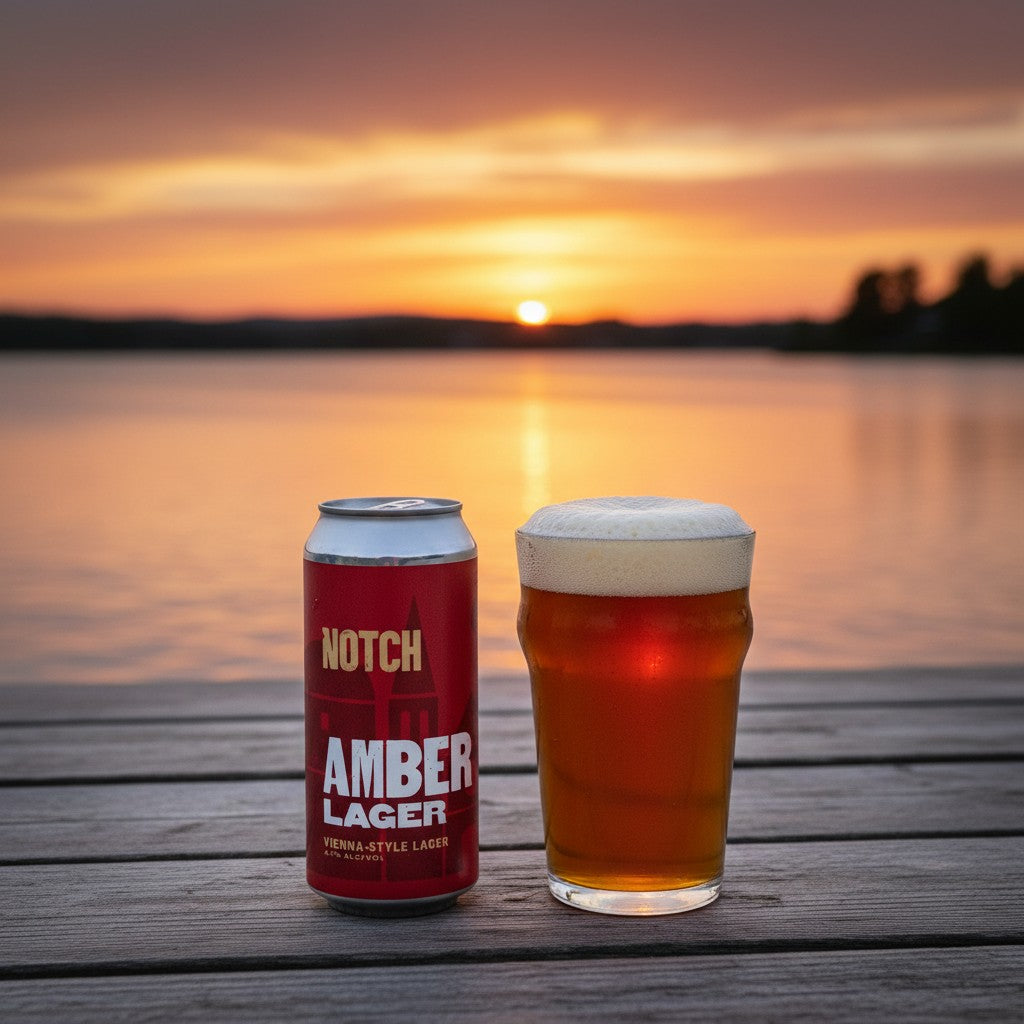 The Hocking Hills Store Amber Lager can, Vienna-style, 4.7% ABV, with notes of toast and caramel.