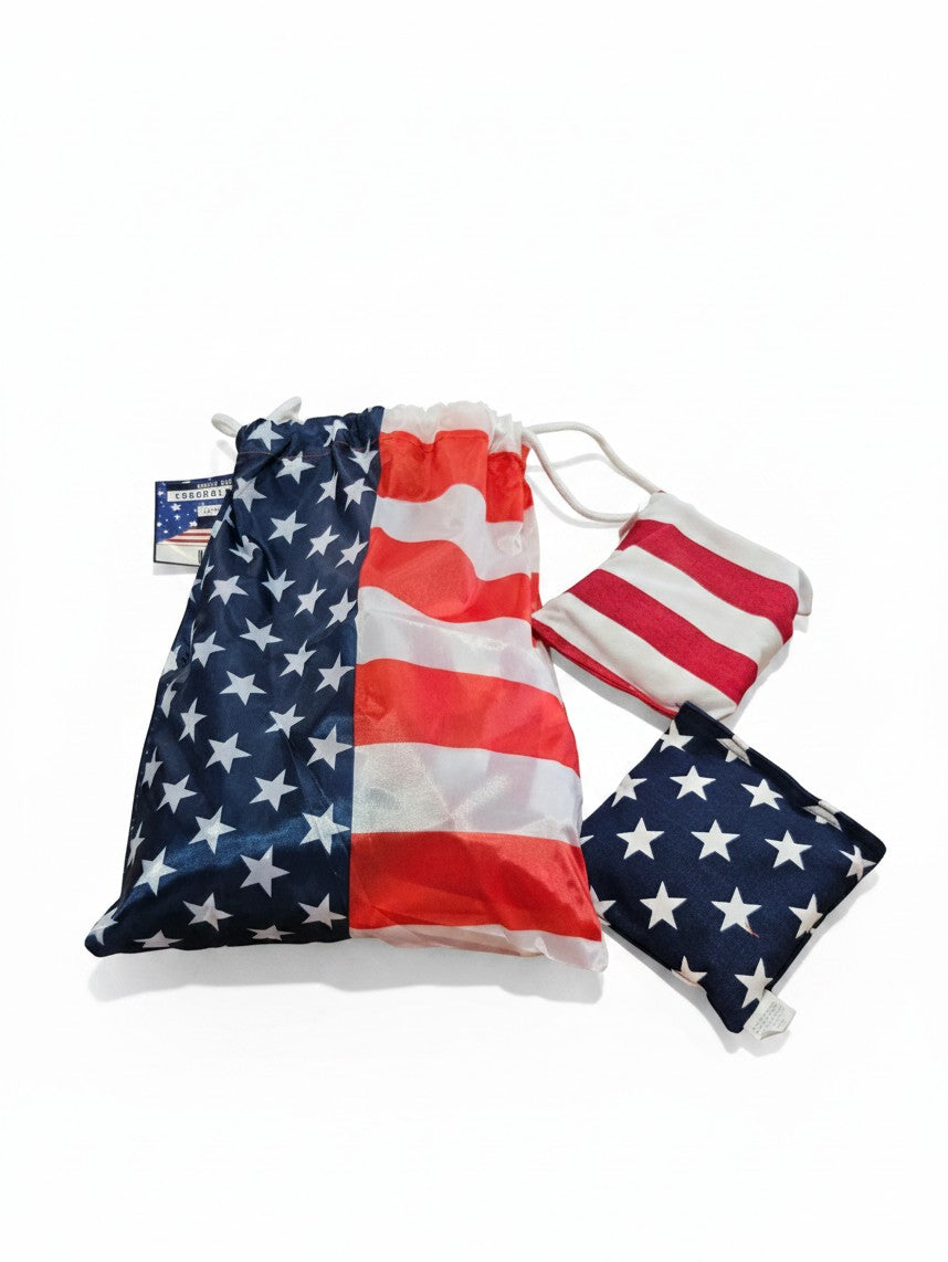 The Hocking Hills Store corn-hole bag set featuring American flag patterns on durable fabric bags and a storage pouch.