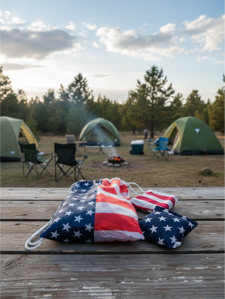 The Hocking Hills Store corn-hole bag set featuring American flag patterns, resting on a wooden table at a campsite.