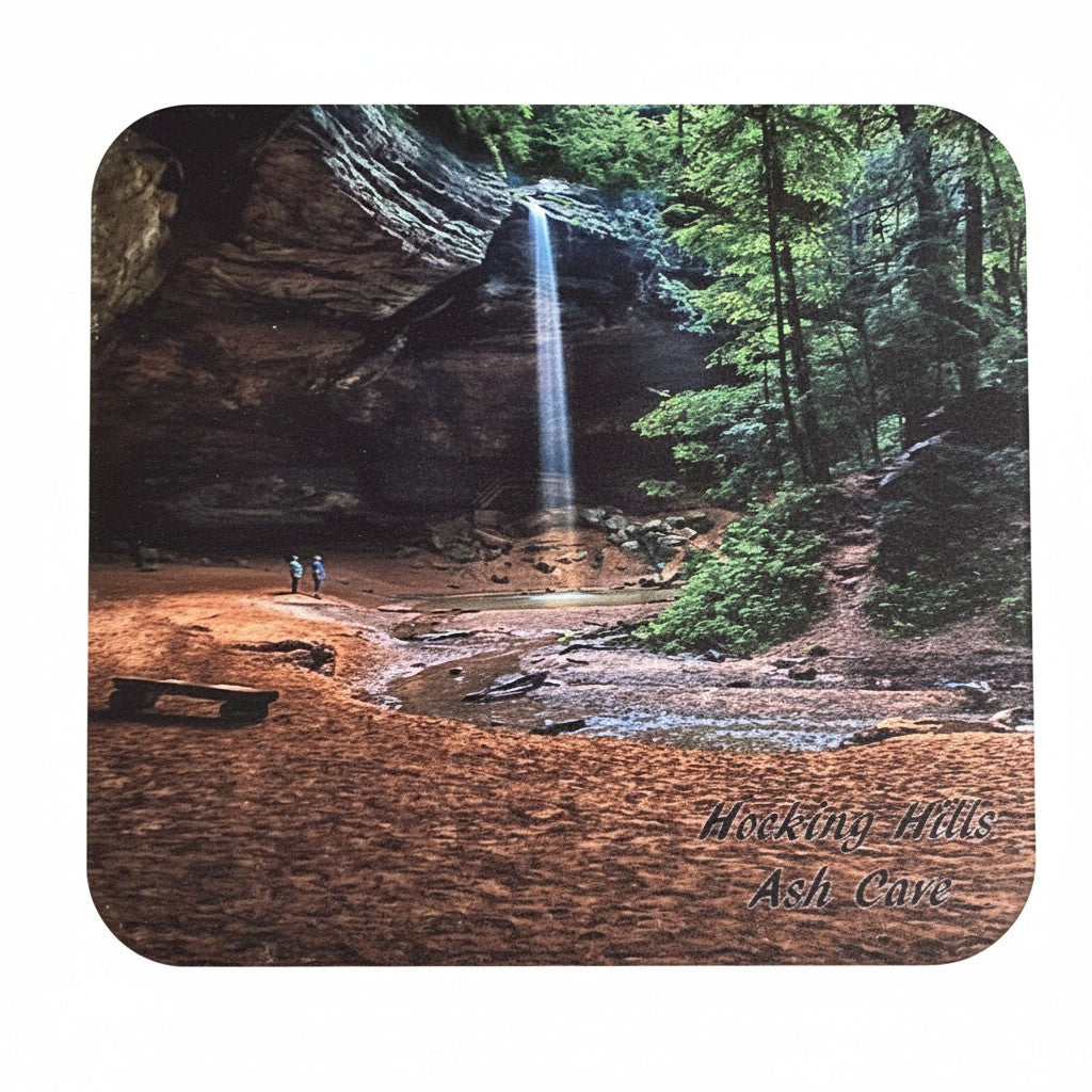 The Hocking Hills Store mouse pad featuring Ash Cave waterfall with two people and a bench.