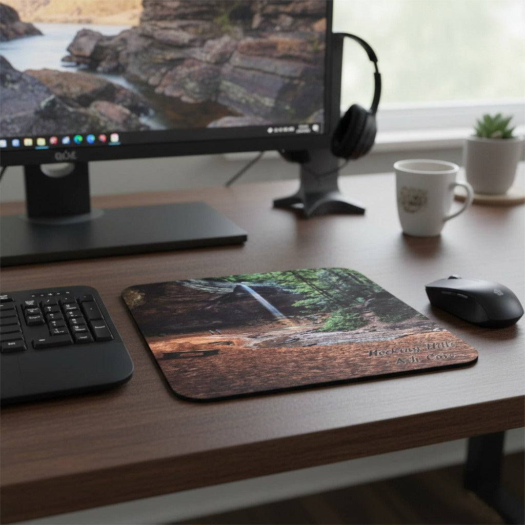 The Hocking Hills Store mouse pad featuring Ash Cave waterfall and lush green trees, with two people standing near the base.