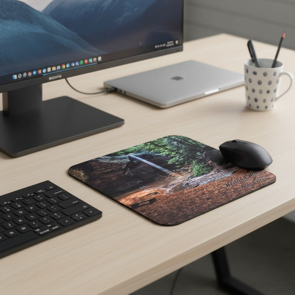 The Hocking Hills Store mouse pad featuring Ash Cave waterfall with two people and a bench.