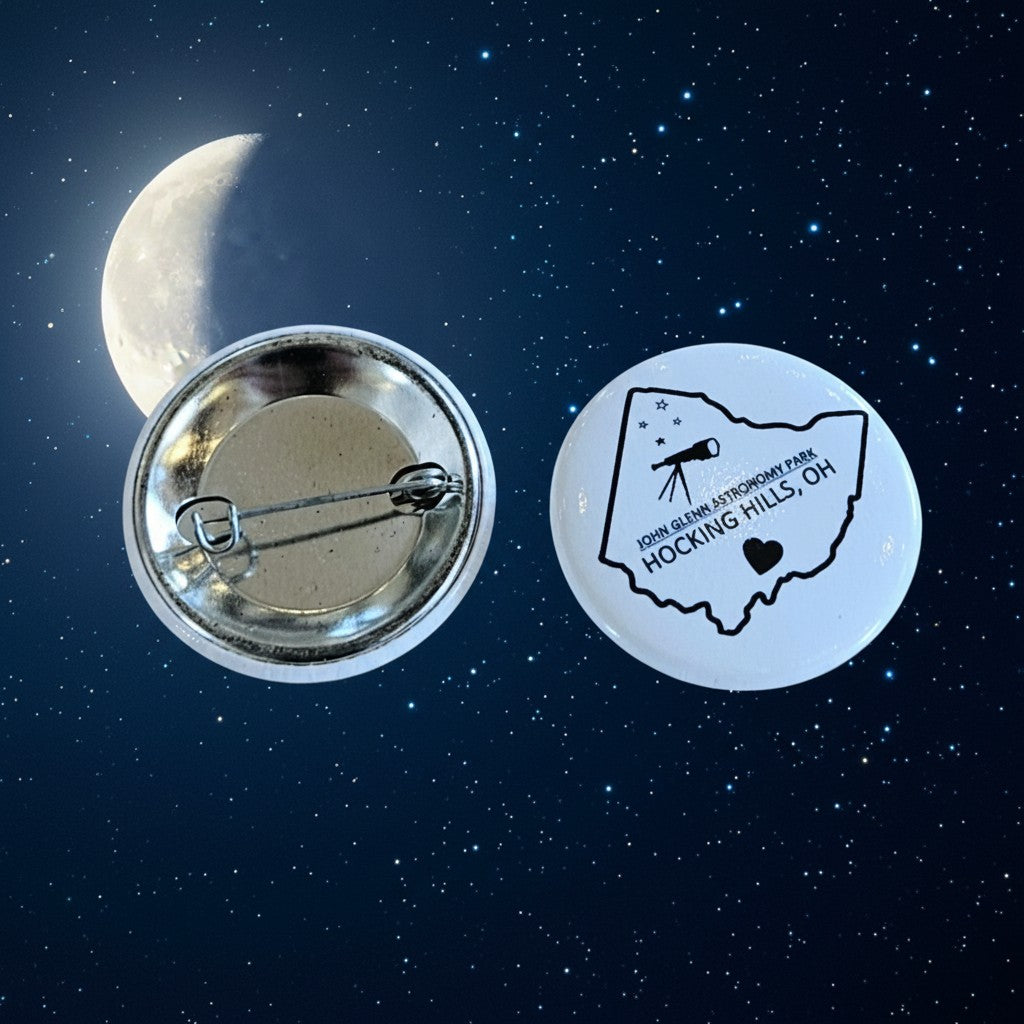 The Hocking Hills Store John Glenn Astronomy Park button featuring an Ohio outline with a telescope and stars.