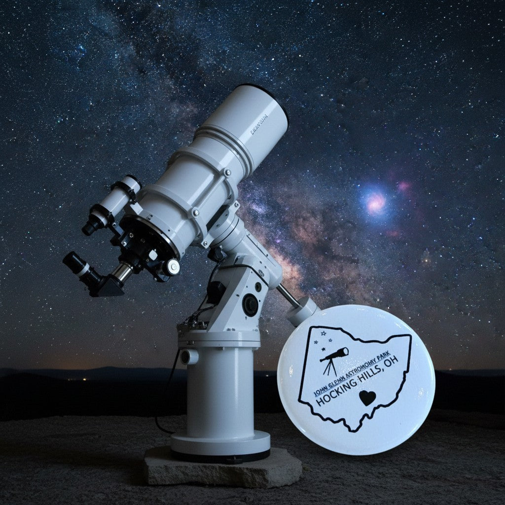 The Hocking Hills Store John Glenn Astronomy Park button featuring an Ohio outline with a telescope and stars.